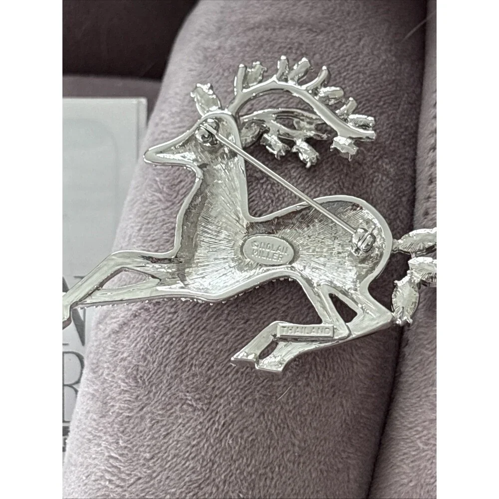 Vintage Nolan Miller Glamour Collection Crystal Pave Reindeer Pin Brooch Silver